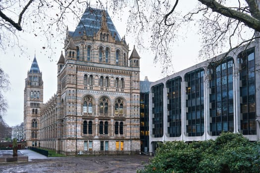 London, United Kingdom - February 02, 2019: Natural History Museum building in Kensington (established 1881) as seen from side, on cold overcast day