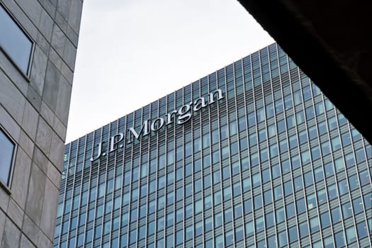 London, United Kingdom - February 03, 2019: J P Morgan signage at top of their UK branch at Canary Wharf. JPMorgan Chase is US multinational investment bank founded (originally) 1799