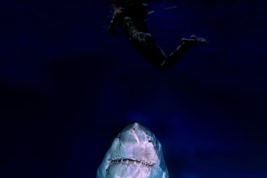 Great White shark while coming to you on deep blue ocean background