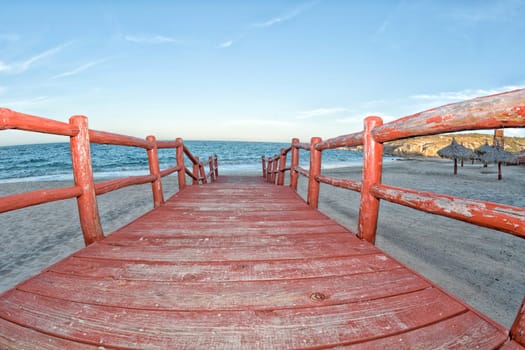 Cabo Pulmo Baja California national park panorama landscape with Red footbridge catwalk