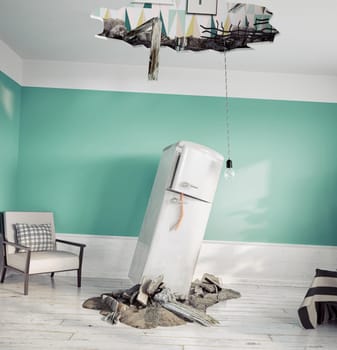 broken ceiling and falling refrigerator. 3d rendering concept