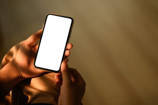 Close up view of woman holding smartphone with empty screen sitting in living room.