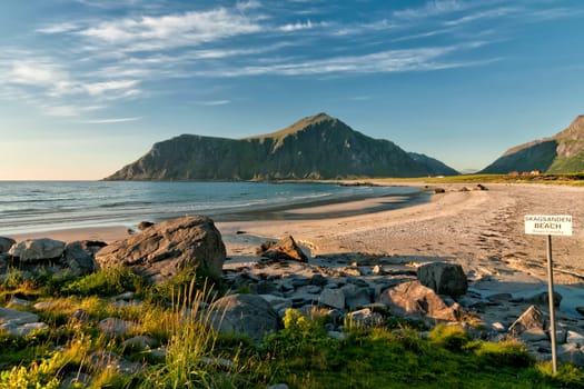 Skagsanden Lofoten Island white beach on sunny day