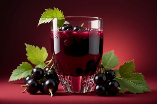 black currant compote in a glass isolated on a red background .