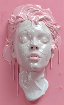 A pinkpainted statue of a womans head showcasing details like hair, cheek, chin, eyebrow, mouth, eyelash, jaw, and neck. The art piece stands out with vibrant pink color