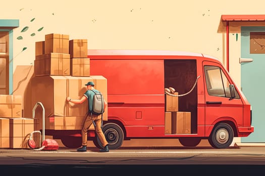 A man is loading boxes into a red van. The scene is set in a city, with a building in the background. The man is wearing a backpack and he is in a hurry