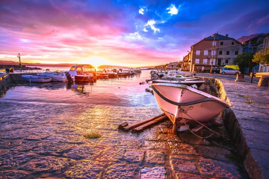 Town of Karlobag on Adriatic coast sunset view, Velebit coast of Croatia