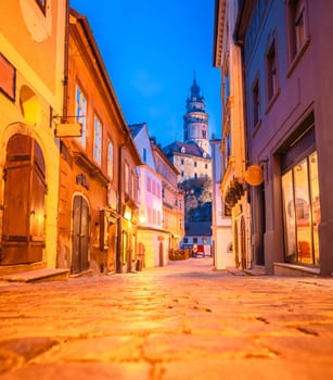 Cesky Krumlov scenic street architecture dawn view,  South Bohemian Region of the Czech Republic