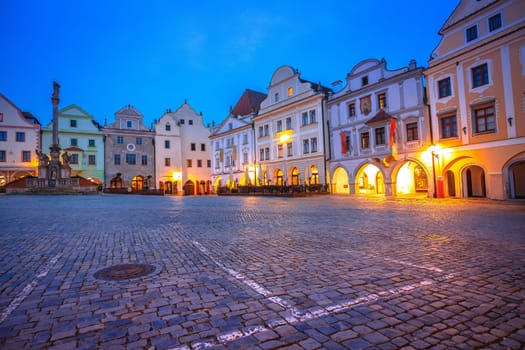 Cesky Krumlov main square scenic architecture dawn view,  South Bohemian Region of the Czech Republic