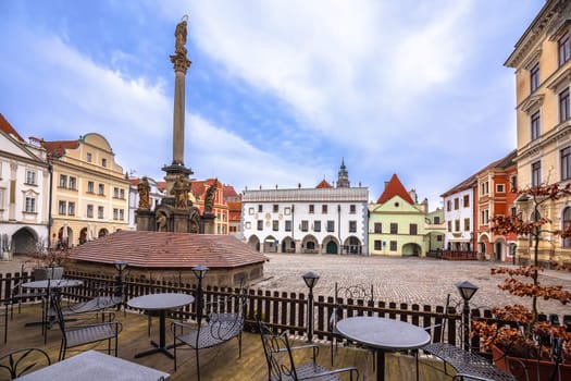 Cesky Krumlov main square scenic architecture view,  South Bohemian Region of the Czech Republic