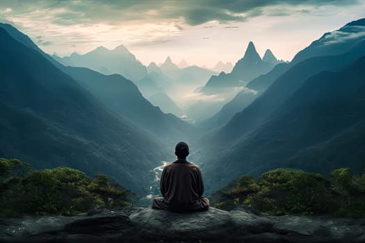 A man is sitting on a bench in front of a colorful sky. The sky is filled with clouds and the colors are vibrant and bright. Scene is peaceful and serene, as the man is taking a moment to sit