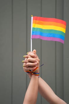Raised holding hands of unrecognizable lesbian female couple with LGBT rainbow bracelet and flag.