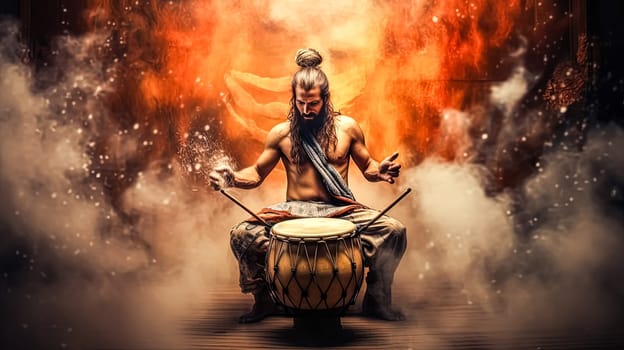 A man is playing a drum in a smokey room. The man is dressed in a long robe and has a beard. The drum is in the foreground and the smoke is in the background