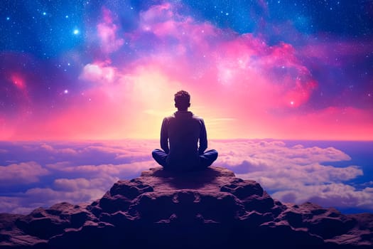 A man is sitting on a bench in front of a colorful sky. The sky is filled with clouds and the colors are vibrant and bright. Scene is peaceful and serene, as the man is taking a moment to sit
