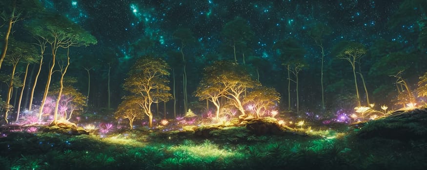 A mystical forest at night with luminescent plants and firefly-like creatures lighting up the scene. AI Generated