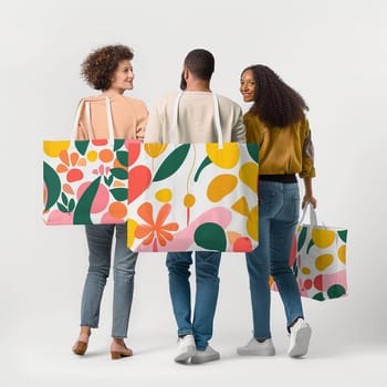 A group of friends shopping. Professional photo. High quality illustration