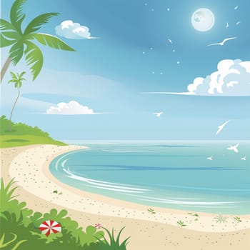 Professional summer background art with beach, palm trees and sea. High quality illustration