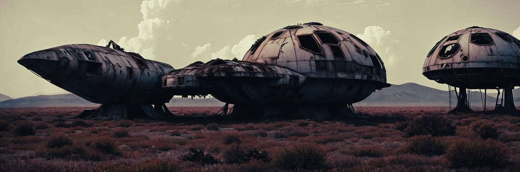 An abandoned spaceship on an alien planet, rusted metal, broken windows, overgrown vegetation reclaim the vessel. A scene of desolation and nature's triumph. Generative AI.