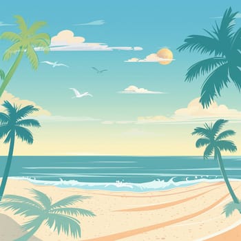 Professional summer background art with beach, palm trees and sea. High quality illustration