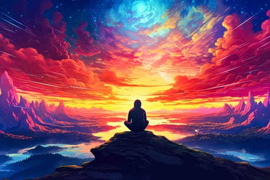 A man is sitting on a bench in front of a colorful sky. The sky is filled with clouds and the colors are vibrant and bright. Scene is peaceful and serene, as the man is taking a moment to sit