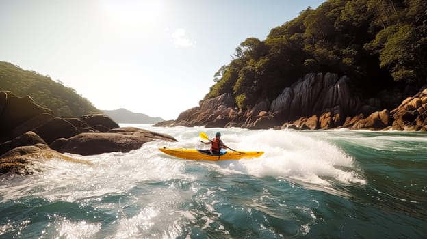 A man in a yellow kayak is paddling through a river. The water is choppy and the man is skillfully navigating the rapids