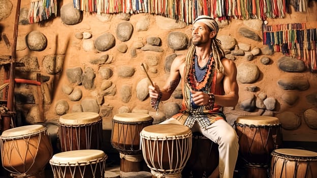 A man is sitting in front of a group of drums. He is smiling and he is enjoying himself. The drums are arranged in a circle, with some of them being larger than others