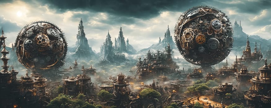 Clockwork Steampunk Planet. A planet that blends fantasy and machinery, featuring colossal, intricately detailed clockwork structures, towering gears, and fantastical steam-powered landscapes under a sky filled with metallic clouds and mechanical wonders