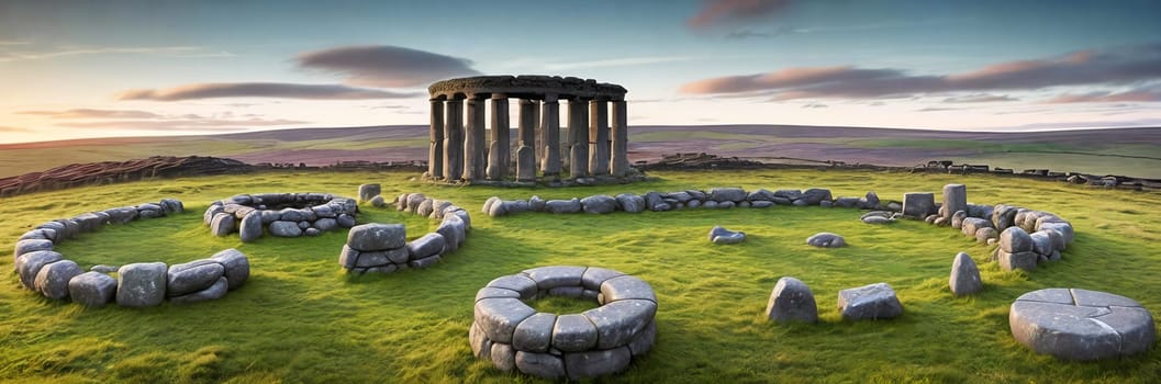 A mysterious and ancient stone circle nestled in a remote moorland, with the setting sun casting long shadows over the weathered monoliths