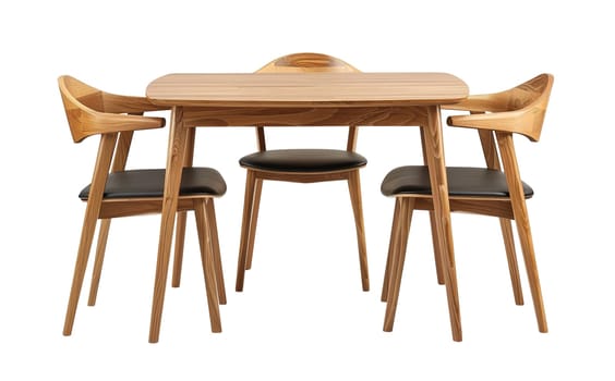 Mid-century modern dining set with wood table and chairs with leather upholstery, isolated on white background, ideal for chic interiors. Cut out dining room furniture. Front view. Generative AI