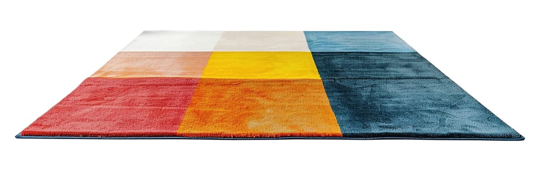 Modern, colorful rectangular carpet, front view. Rug isolated on white background. Cut out home decor. Contemporary style. Vibrant colors. Artistic design. Generative AI