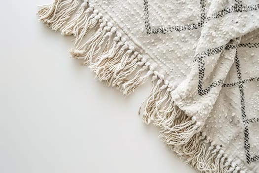 Artisanal off-white Moroccan rug with fringes and geometric patterns, perfect for chic interiors, lifestyle blogs, and home decor boutiques. Home textiles. Empty, copy space for text. Generative AI