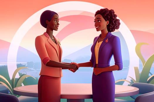 Two women shaking hands in business suits. Scene is professional and friendly. The idea is that the two women are colleagues or business partners