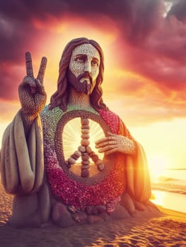 Sculpture of Jesus Christ made of pebbles at the beacj at sunset, asking for peace stop war concept ai generated