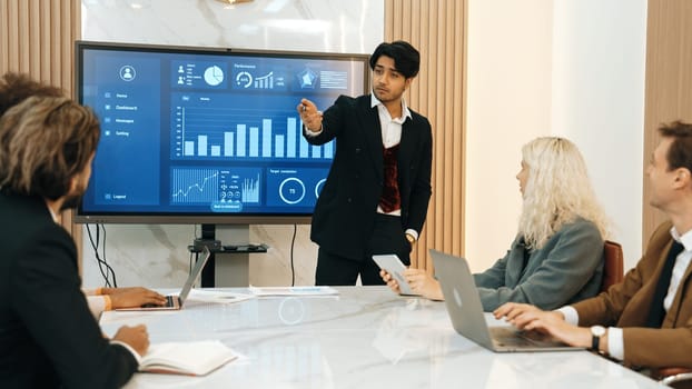 Presentation in office or ornament meeting room with analyst team utilize BI Fintech to analyze financial data. Businesspeople analyzing BI dashboard power display on TV screen for strategic planning