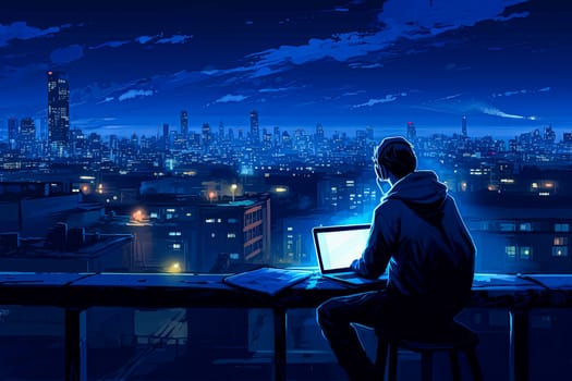 A man is sitting on a ledge with a laptop in front of him. The city skyline is visible in the background. Scene is calm and focused, as the man is likely working or studying on his laptop