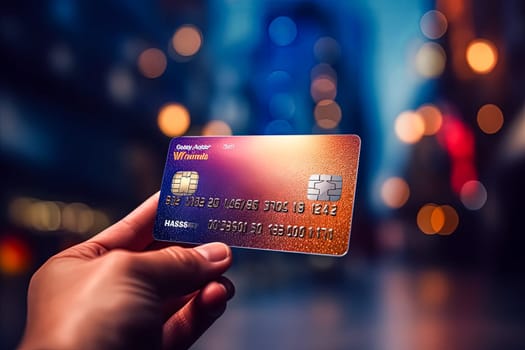A credit card with a colorful design is shown on a table. The card has a blue background and a red border. The image has a bright and lively mood, with the colors