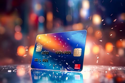 A credit card with a colorful design is shown on a table. The card has a blue background and a red border. The image has a bright and lively mood, with the colors