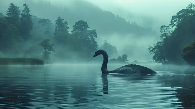 The mystical Loch Ness monster swims across the lake, sticking its long neck out of the water, against the backdrop of the Scottish landscape.