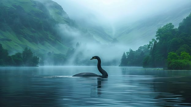 The mystical Loch Ness monster swims across the lake, sticking its long neck out of the water, against the backdrop of the Scottish landscape.