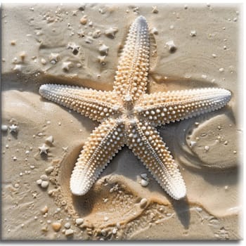 The starfish are lying on the sand. View from above. The concept of a summer sea or beach.