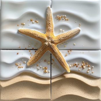 The starfish are lying on the sand. View from above. The concept of a summer sea or beach.