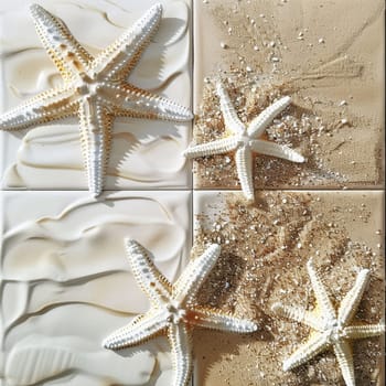 The starfish are lying on the sand. View from above. The concept of a summer sea or beach.