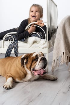 In the girl's bedroom there is an English bulldog next to her bed and the child is lying on the bed and accosts the dog. A breed with a brown coat with white patches.