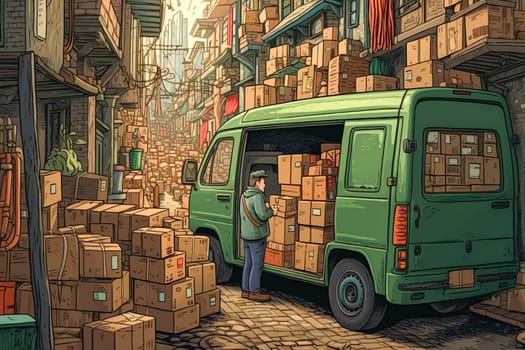A man is loading boxes into a red van. The scene is set in a city, with a building in the background. The man is wearing a backpack and he is in a hurry