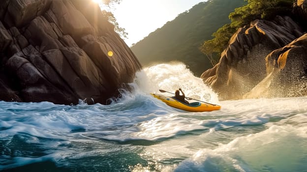 A man in a yellow kayak is riding a wave in the ocean. The water is choppy and the man is skillfully navigating the waves. Concept of adventure and excitement