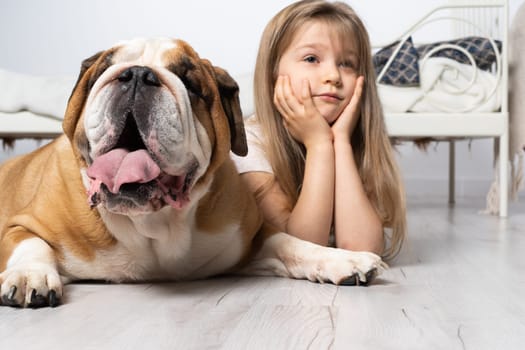In love, pis and the girl lie down together on the laminate floor and think about the blue almonds. A breed with a brown coat with white patches.