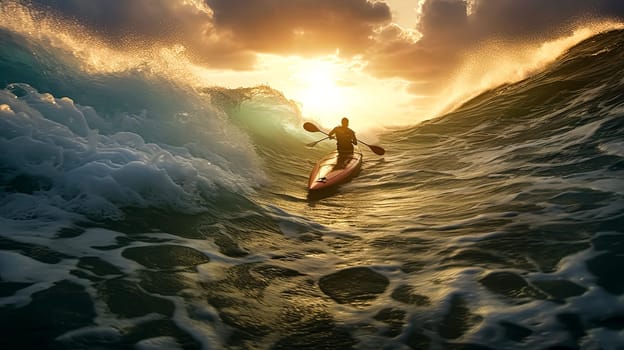 A man paddles a kayak in the ocean. The sun is setting, casting a warm glow on the water. The waves are rough, but the man is determined to keep going