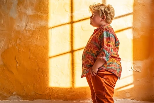 A boy in a colorful shirt and orange pants stands in front of a yellow wall. He looks sad and lonely