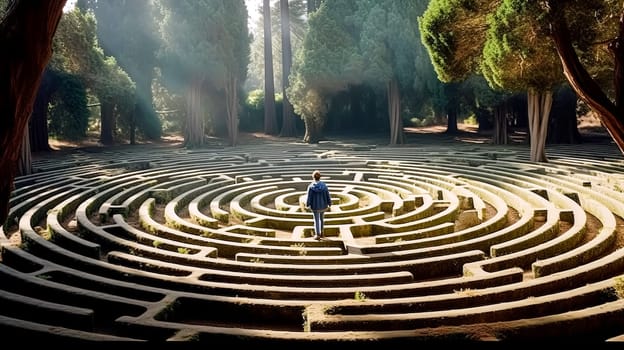 A girl is walking through a maze. The maze is surrounded by trees and has a circular shape