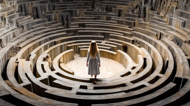 A girl is walking through a maze. The maze is surrounded by trees and has a circular shape